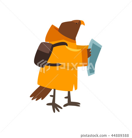 Eagle travelling with backpack and map, cute cartoon bird having hiking adventure travel or camping 44889388