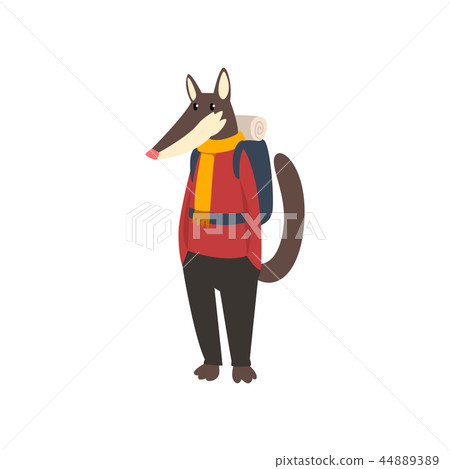 Wolf travelling with backpack, cute cartoon animal having hiking adventure travel or camping trip Wolf travelling with backpack, cute cartoon animal having hiking adventure travel or camping trip 44889389