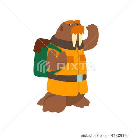 alrus travelling with backpack, cute cartoon animal having hiking adventure travel or camping trip 44889393