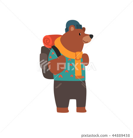 Bear travelling with backpack, cute cartoon animal having hiking adventure travel or camping trip 44889438