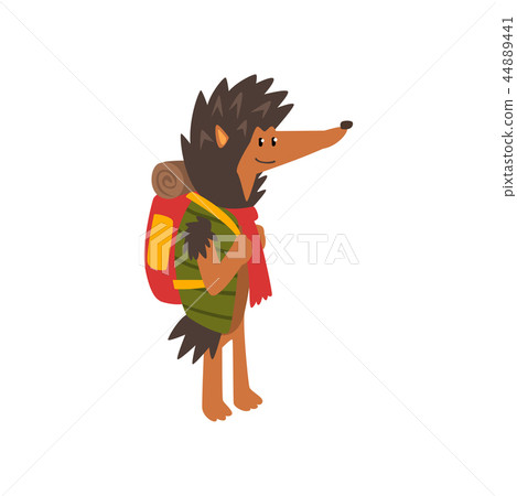 Hedgehog travelling with backpack, cute cartoon animal having hiking adventure travel or camping 44889441
