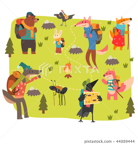 Animals travelling and camping set, cute animals and birds characters having hiking adventure travel Animals travelling and camping set, cute animals and birds characters having hiking adventure travel 44889444