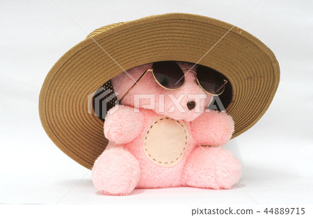 Bear with pink hat and cute glasses, white backgro 44889715