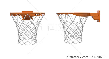 3d rendering of two basketball nets with orange hoops in front and side views. 44890756