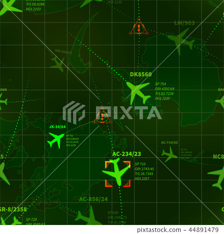 Detailed green military radar with planes traces Detailed green military radar with planes traces 44891479