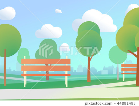 Urban park with benches and city skyline 44891495