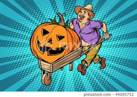 Halloween pumpkin. farmer, man with a wooden wheelbarrow Halloween pumpkin. farmer, man with a wooden wheelbarrow 44893752