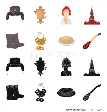 Felt, boots, drying, gingerbread .Russia country set collection icons in black,cartoon style vector 44895215