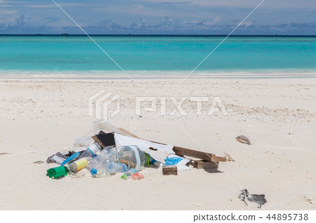 Rubbish on the beach Atoll island Maldives 44895738