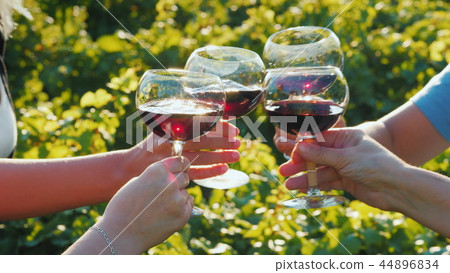 A group of tourists tasting wine near the vineyard. Together clink glasses, close-up 44896834