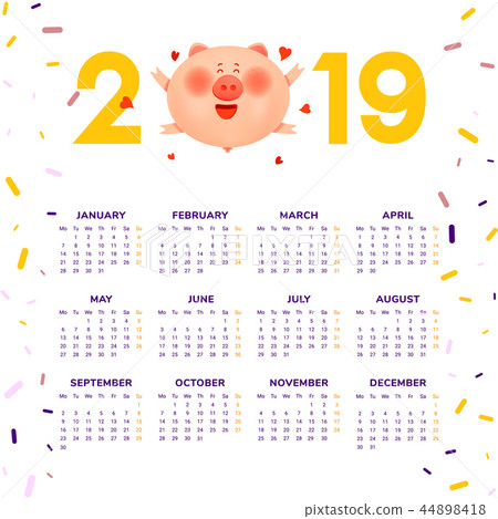 Colored numbers  2019 with a fat pig and hearts 44898418