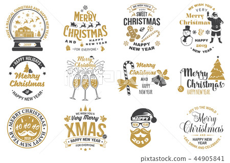 Set of Merry Christmas and Happy New Year stamp, sticker set with snowflakes, hanging christmas ball Set of Merry Christmas and Happy New Year stamp, sticker set with snowflakes, hanging christmas ball 44905841