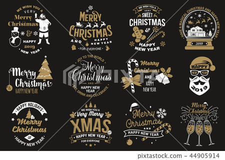 Set of Merry Christmas and Happy New Year stamp, sticker set with snowflakes, hanging christmas ball 44905914