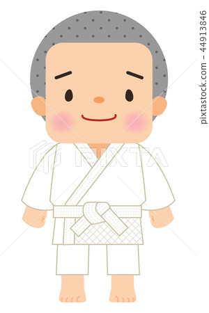 一個男孩穿著柔道衣服割草 一個男孩穿著柔道衣服割草 44913846