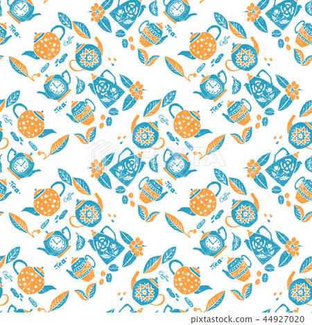 Seamless pattern in lino style, teapots anf leaves 44927020