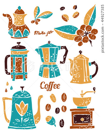 Set of coffee pots in naive lino style 44927385