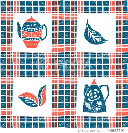 Seamless pattern in lino style, teapots and plaid Seamless pattern in lino style, teapots and plaid 44927391