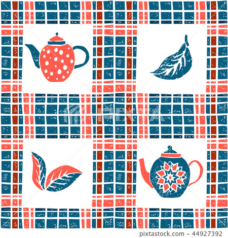 Seamless pattern in lino style, teapots and plaid Seamless pattern in lino style, teapots and plaid 44927392
