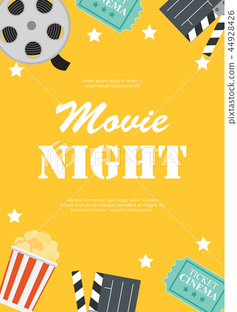 Abstract Movie Night Cinema Flat Background with Reel, Old Style Ticket, Big Pop Corn and Clapper 44928426