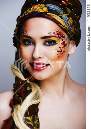 portrait of contemporary noblewoman with face art creative close 44933168