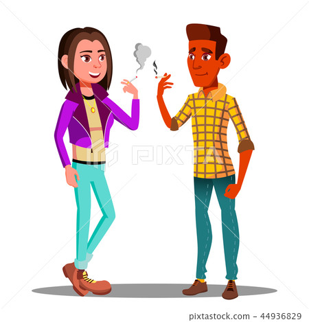 Two Teenagers Smoking, Nicotine Addiction Vector. Isolated Illustration 44936829