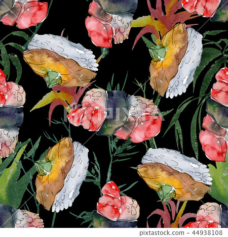 Watercolor sushi set of beautiful tasty japanese sushi illustration. Seamless background pattern. 44938108