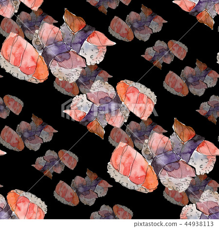 Watercolor sushi set of beautiful tasty japanese sushi illustration. Seamless background pattern. Watercolor sushi set of beautiful tasty japanese sushi illustration. Seamless background pattern. 44938113