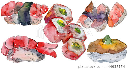 Watercolor sushi set of beautiful tasty japanese sushi illustration. Hand drawn objects isolated on 44938154