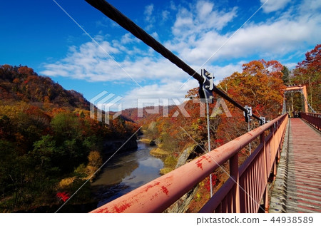Autumn view from the suspension bridge above the waterfall Autumn view from the suspension bridge above the waterfall 44938589