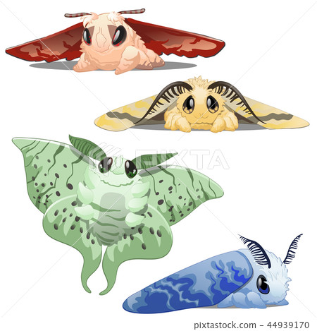 Set of cute colorful cartoon animated silkworm butterflies or Domesticated Silkmoth, Bombyx mori 44939170