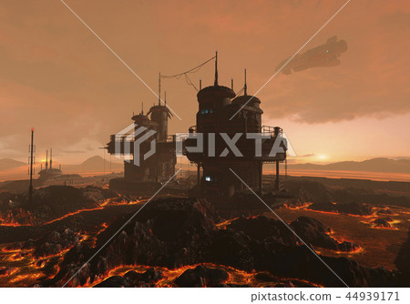 3D Illustration of a futuristic base on an alien planet 44939171