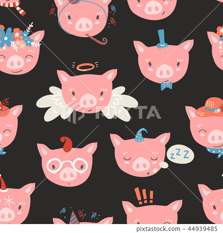 Vector seamless pattern with piglet faces. Emoji. Sleeping, ange 44939485