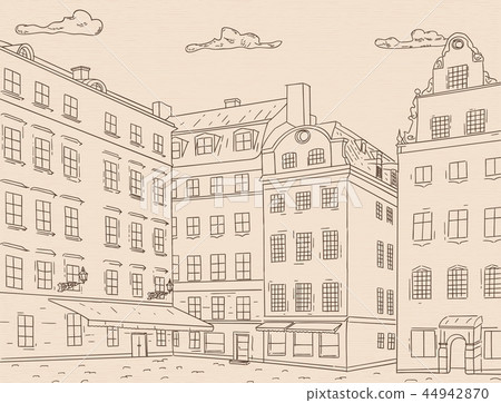 Stortorget square in old city of Stockholm. Hand drawn sketch. Outline drawing on beige background Stortorget square in old city of Stockholm. Hand drawn sketch. Outline drawing on beige background 44942870