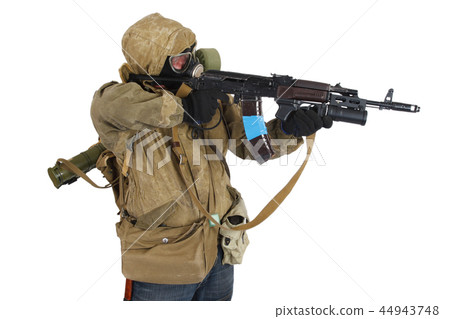 Stalker in gas mask with ak 47 gun Stalker in gas mask with ak 47 gun 44943748