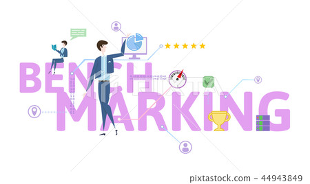 Benchmarking. Concept table with people, letters and icons. Colored flat vector illustration on Benchmarking. Concept table with people, letters and icons. Colored flat vector illustration on 44943849