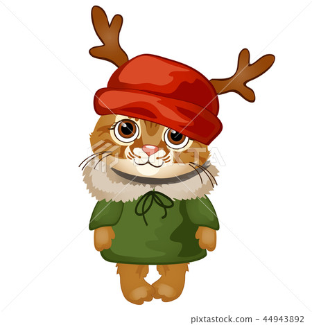 Cartoon cute kitten in a red hat with antlers isolated on white background. Sample of the poster 44943892