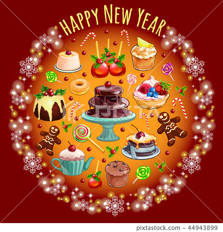 Sketch with abundance of sweets and pastries with Christmas decorations. Sample of the poster round 44943899
