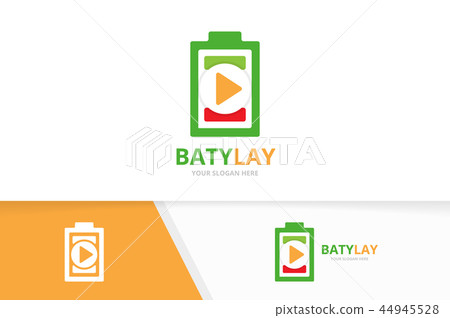 Vector battery and play button logo combination. Energy and record symbol or icon. Unique 44945528