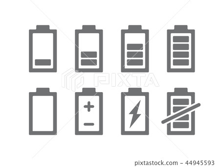 Set of battery indicators icon. Charge level accumulator symbol and sign illustration on white Set of battery indicators icon. Charge level accumulator symbol and sign illustration on white 44945593