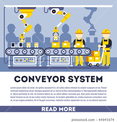 Conveyor system with manipulators vector flat concept Conveyor system with manipulators vector flat concept 44945874