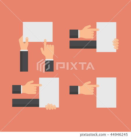 Hand holding blank white banners and hands pointing to empty paper sheet flat vector set 44946245