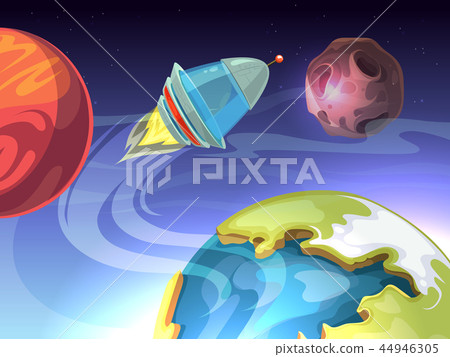Space vector cartoon comic background with spaceship and planets Space vector cartoon comic background with spaceship and planets 44946305