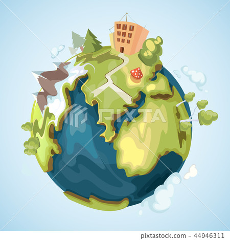 Earth planet with buildings, trees, mountains and nature elements vector illustration in cartoon Earth planet with buildings, trees, mountains and nature elements vector illustration in cartoon 44946311