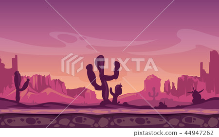 Desert wild cartoon landscape in sunset with cactus, hills and mountains. Game seamless vector Desert wild cartoon landscape in sunset with cactus, hills and mountains. Game seamless vector 44947262