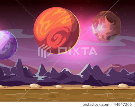 Cartoon alien fantastic landscape with moons and planets on starry sky for computer game background Cartoon alien fantastic landscape with moons and planets on starry sky for computer game background 44947266