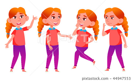 Girl Schoolgirl Kid Poses Set Vector. High School Child. Redhead. Child Pupil. University, Graduate Girl Schoolgirl Kid Poses Set Vector. High School Child. Redhead. Child Pupil. University, Graduate 44947553