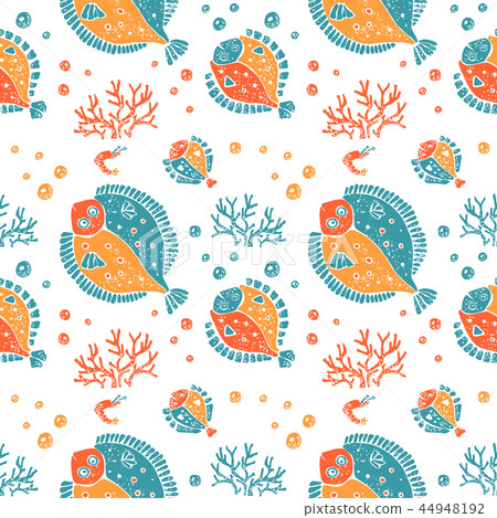 Seamless pattern in lino style, flounder and coral 44948192