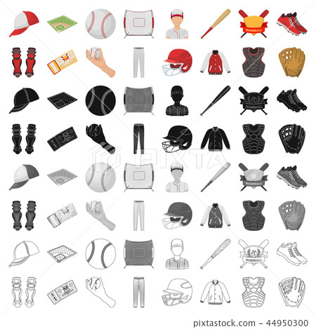 Ball, helmet, bat, uniform and other baseball attributes. Baseball set collection icons in cartoon 44950300