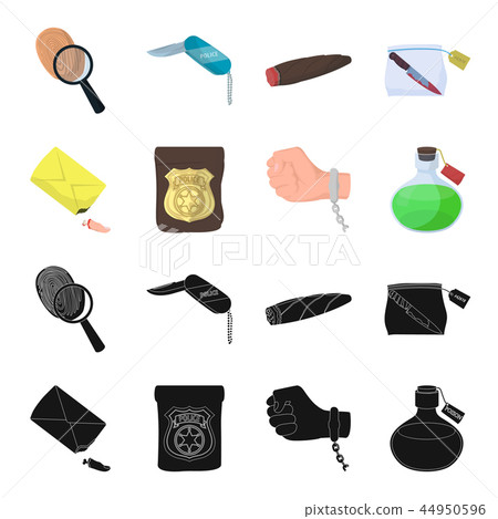 The detective badge, the handcuff on the criminal hand, the stump of the finger in the bag, the The detective badge, the handcuff on the criminal hand, the stump of the finger in the bag, the 44950596