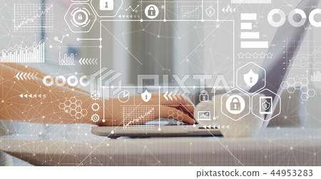 Cyber security themes with woman using a laptop Cyber security themes with woman using a laptop 44953283